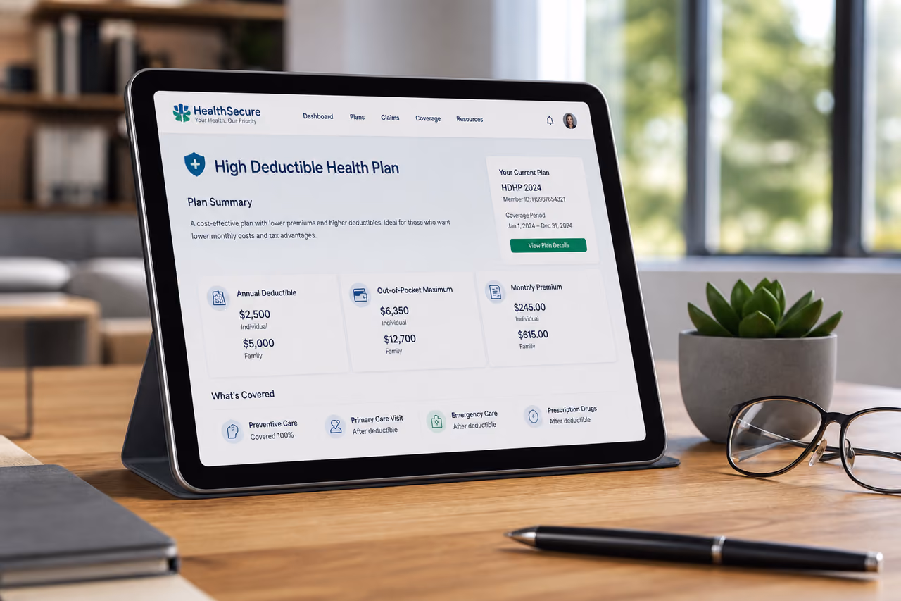 Tablet Displaying High Deductible Health Plan Details on Office Desk