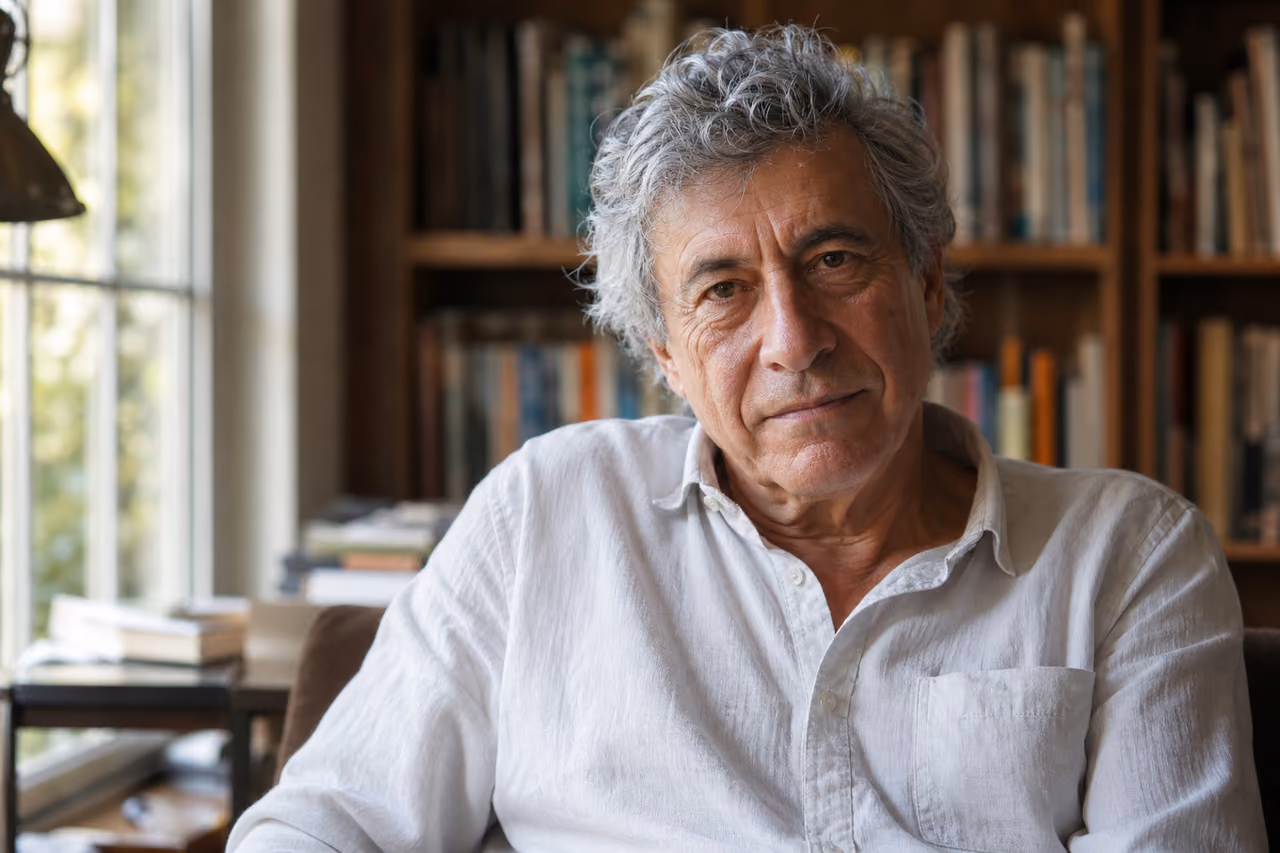 Mature Man with Grey Hair Sitting in a Library