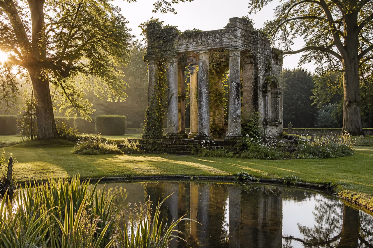 Classical Stone Folly in a Romantic English Garden