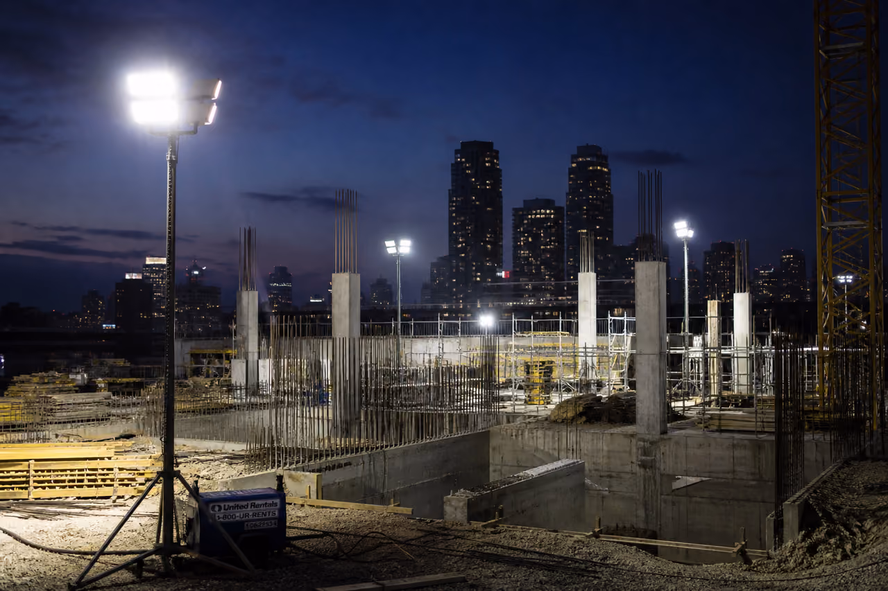 Industrial Temporary Flood Lights Illuminating a Construction Site at Dusk