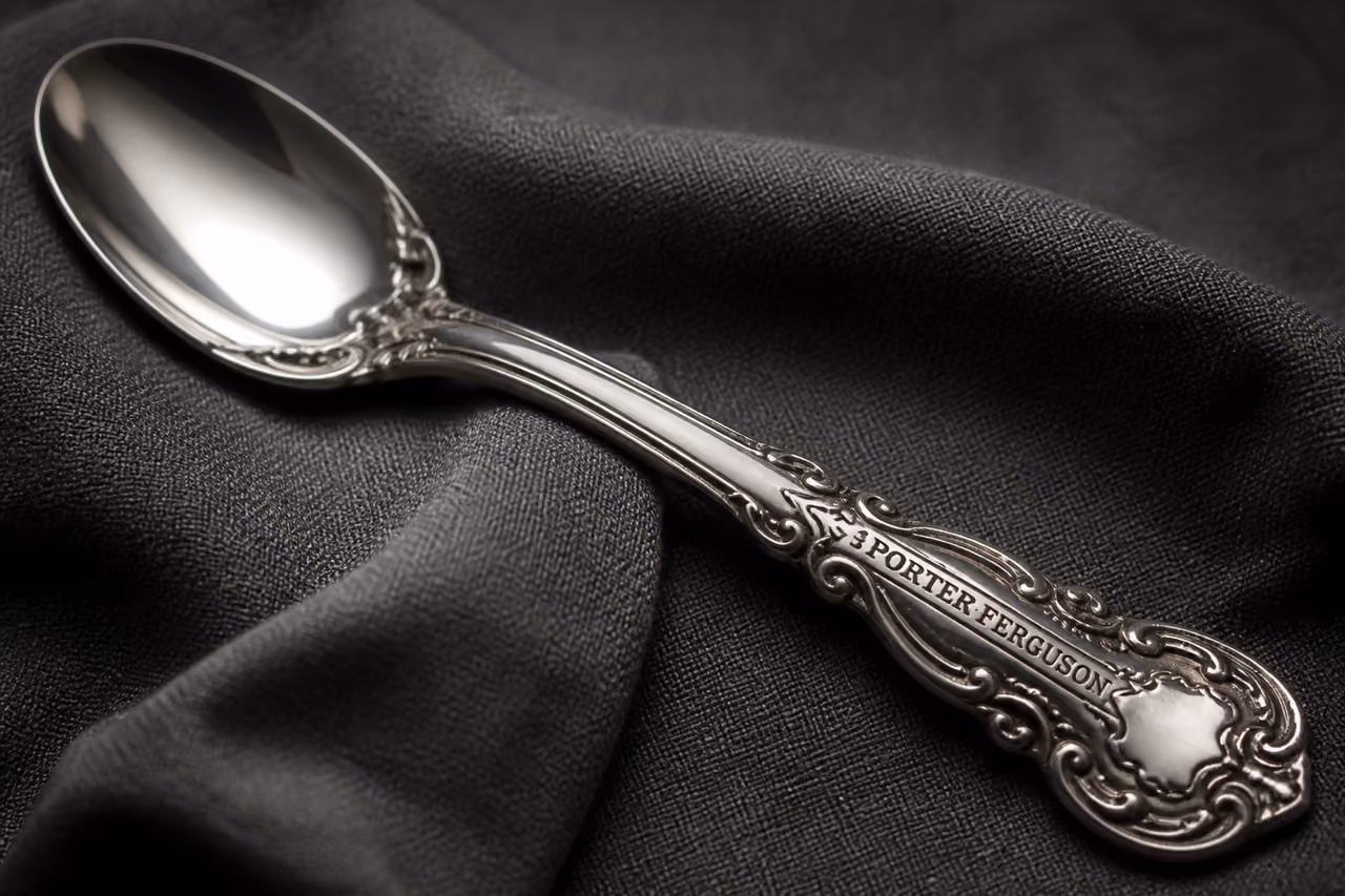 Vintage Porter Ferguson Spoon on Dark Linen Fabric