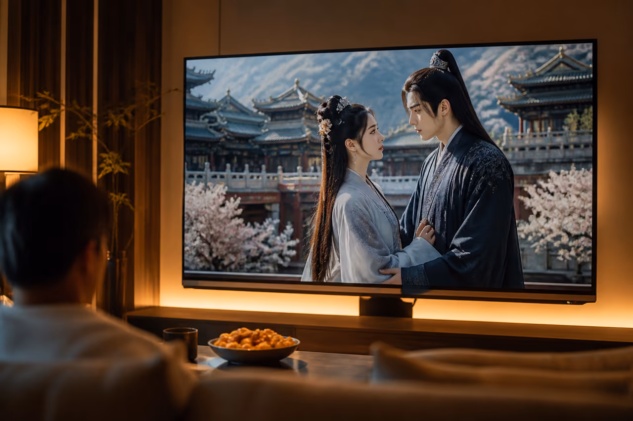 Chinese Period Movie Playing on Smart TV in Living Room