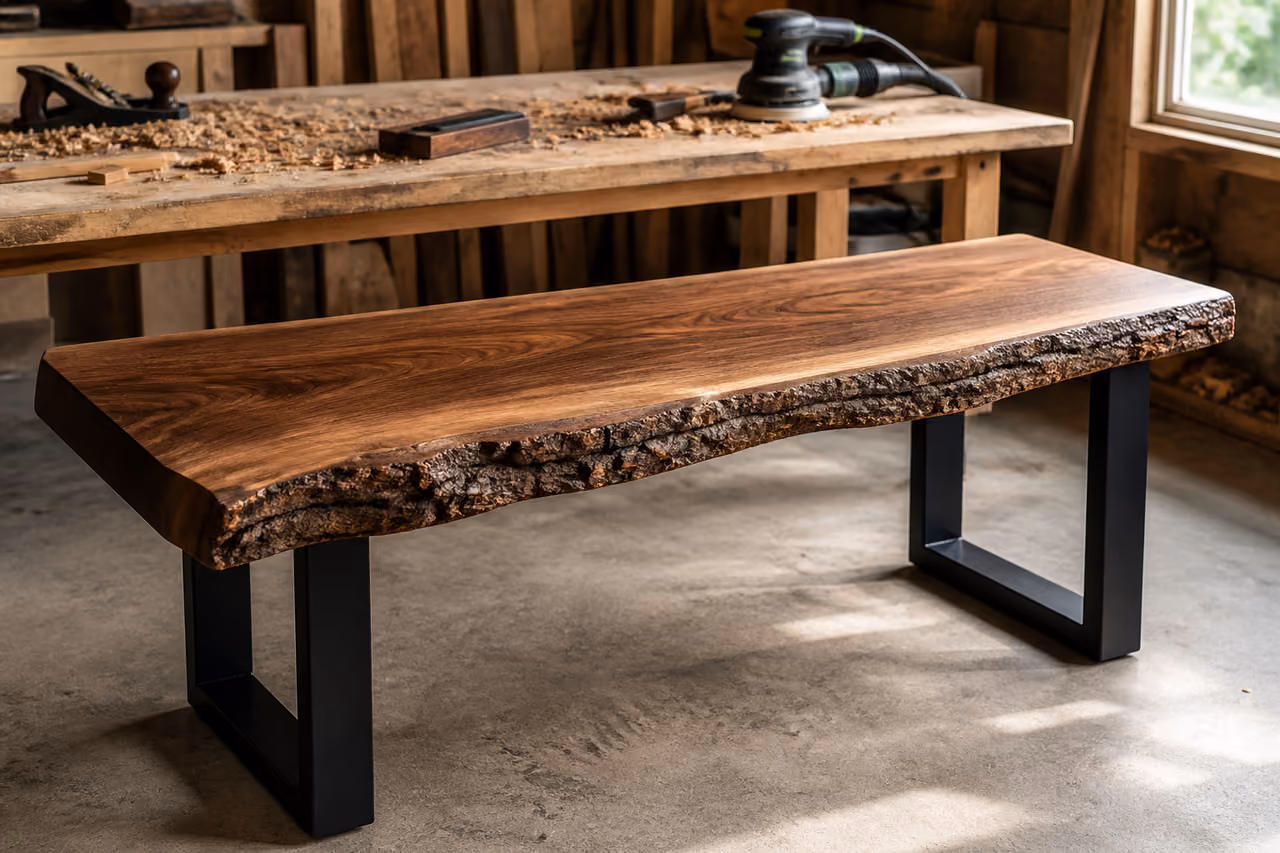 Handcrafted Live Edge Bench with Steel Legs in Workshop
