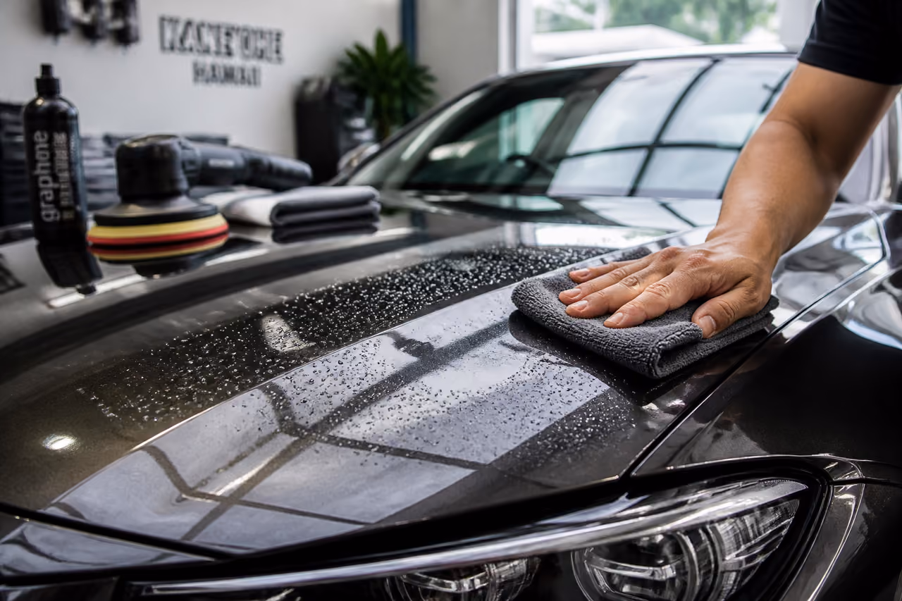 Professional Detailer Polishing a Luxury Sedan in Kaneohe