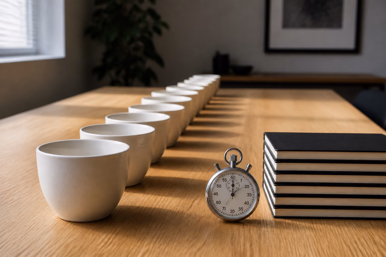 Identical White Cups Aligned on a Wooden Table