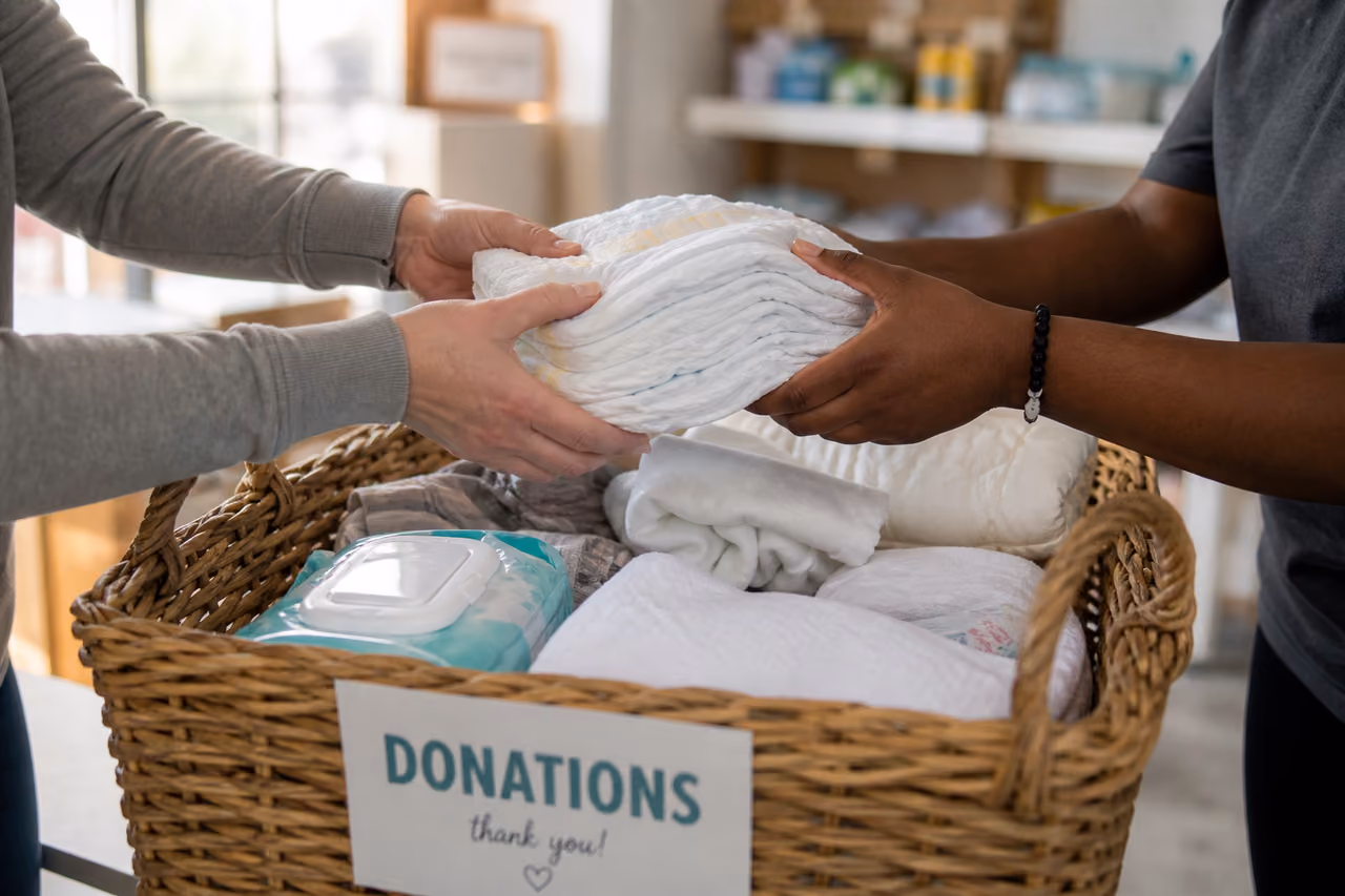 Hands Placing Disposable Diapers Into a Community Donation Bin