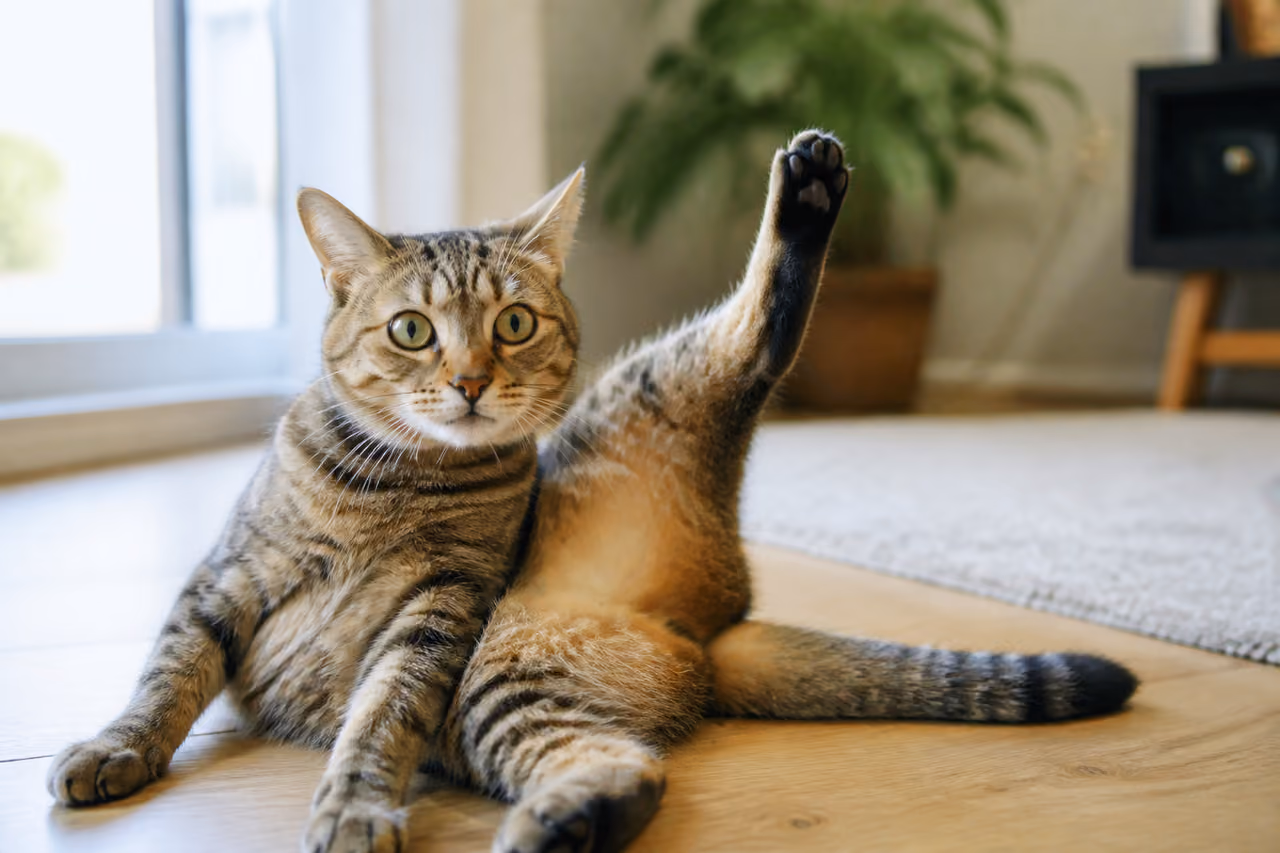 Funny Cat Stretching in an Awkward Pose on Wooden Floor
