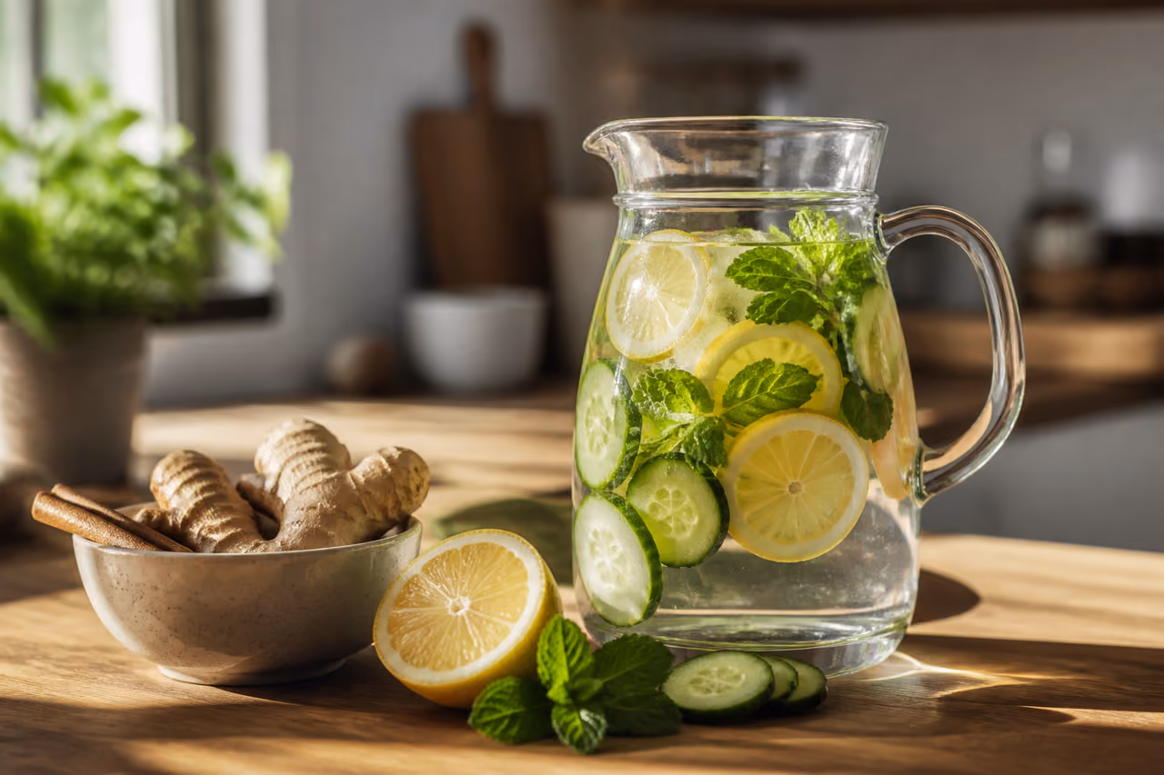 Natural Detox Ingredients and Infused Water on Kitchen Counter