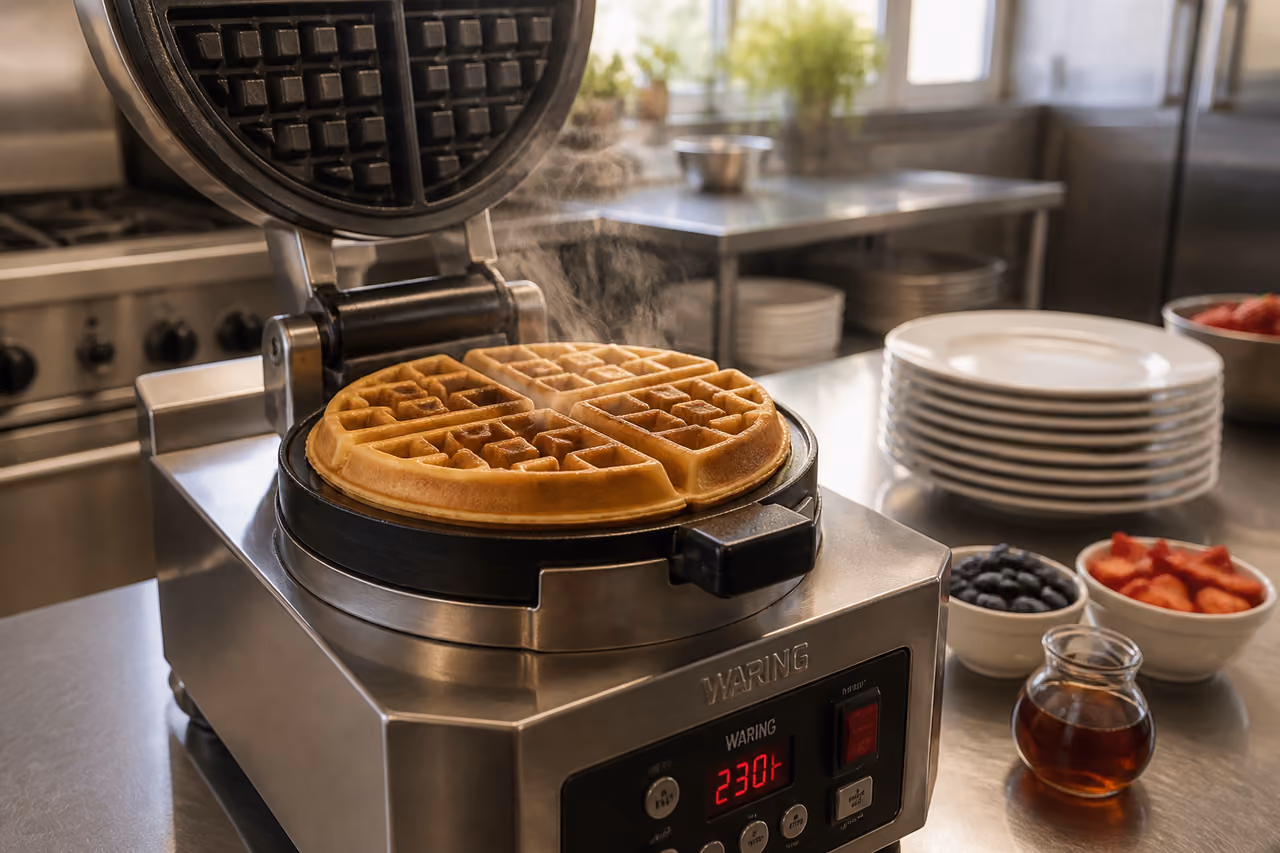 Industrial Waffle Maker Cooking Belgian Waffles in Commercial Kitchen