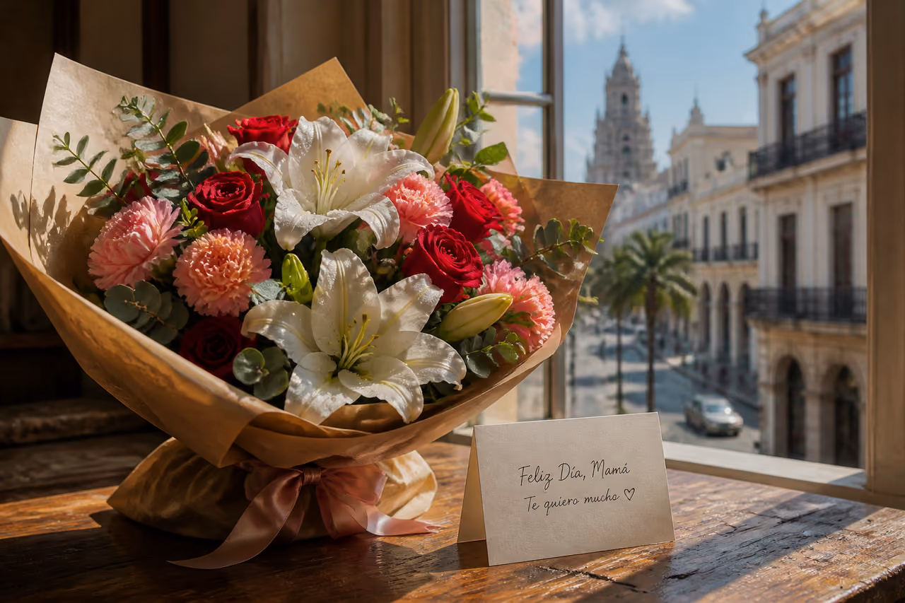 Fresh Floral Bouquet with Greeting Card in Uruguay Home