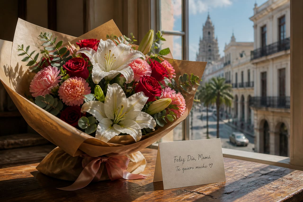 Fresh Floral Bouquet with Greeting Card in Uruguay Home