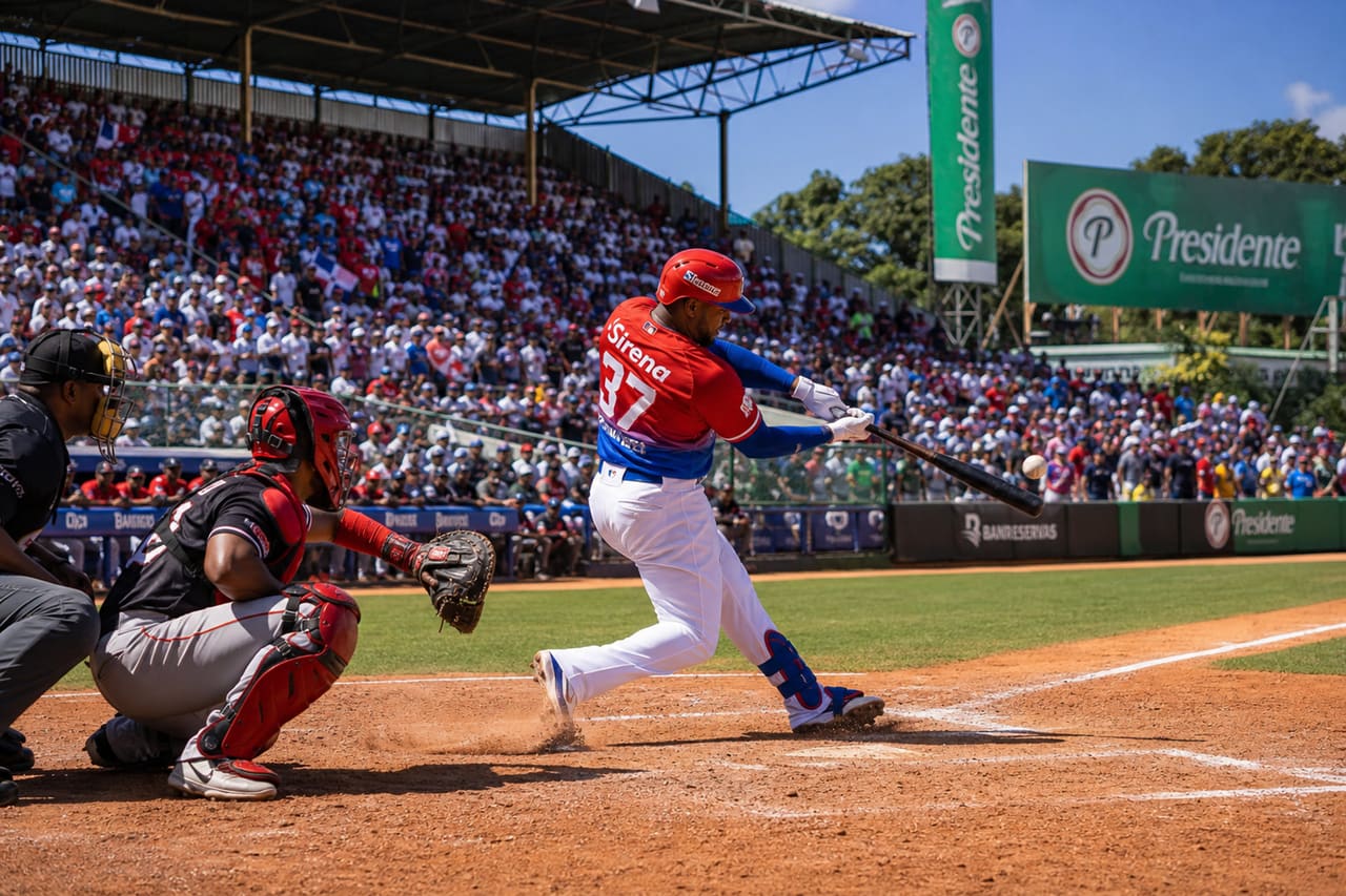 Baseball Player Swinging Bat During Live Game in Dominican Republic