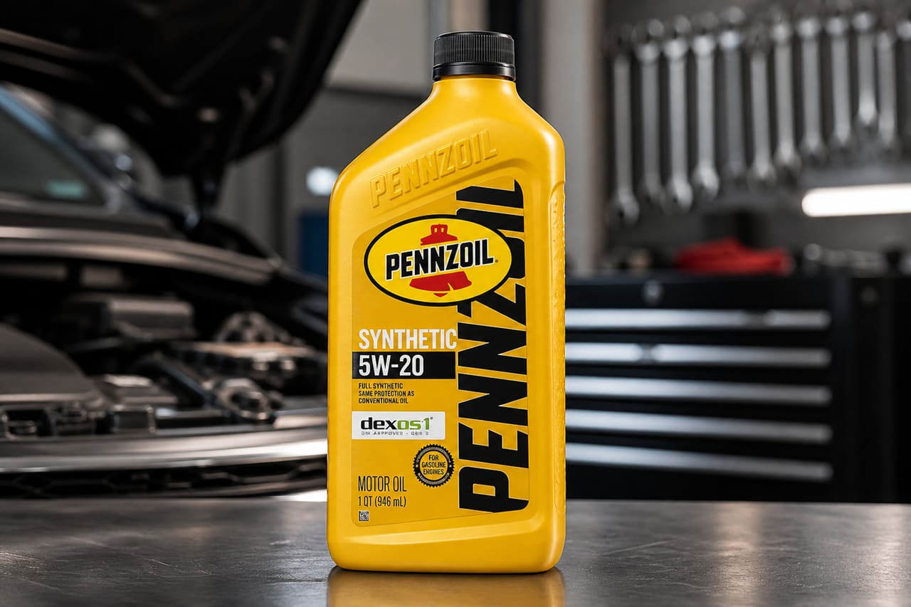 Pennzoil Synthetic 5w-20 Motor Oil Bottle in a Garage