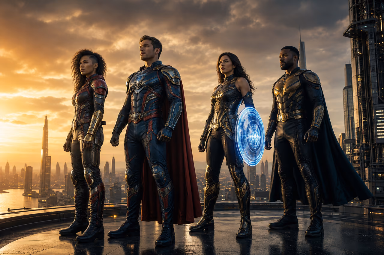 Group of Costumed Superheroes Standing on a Futuristic City Rooftop