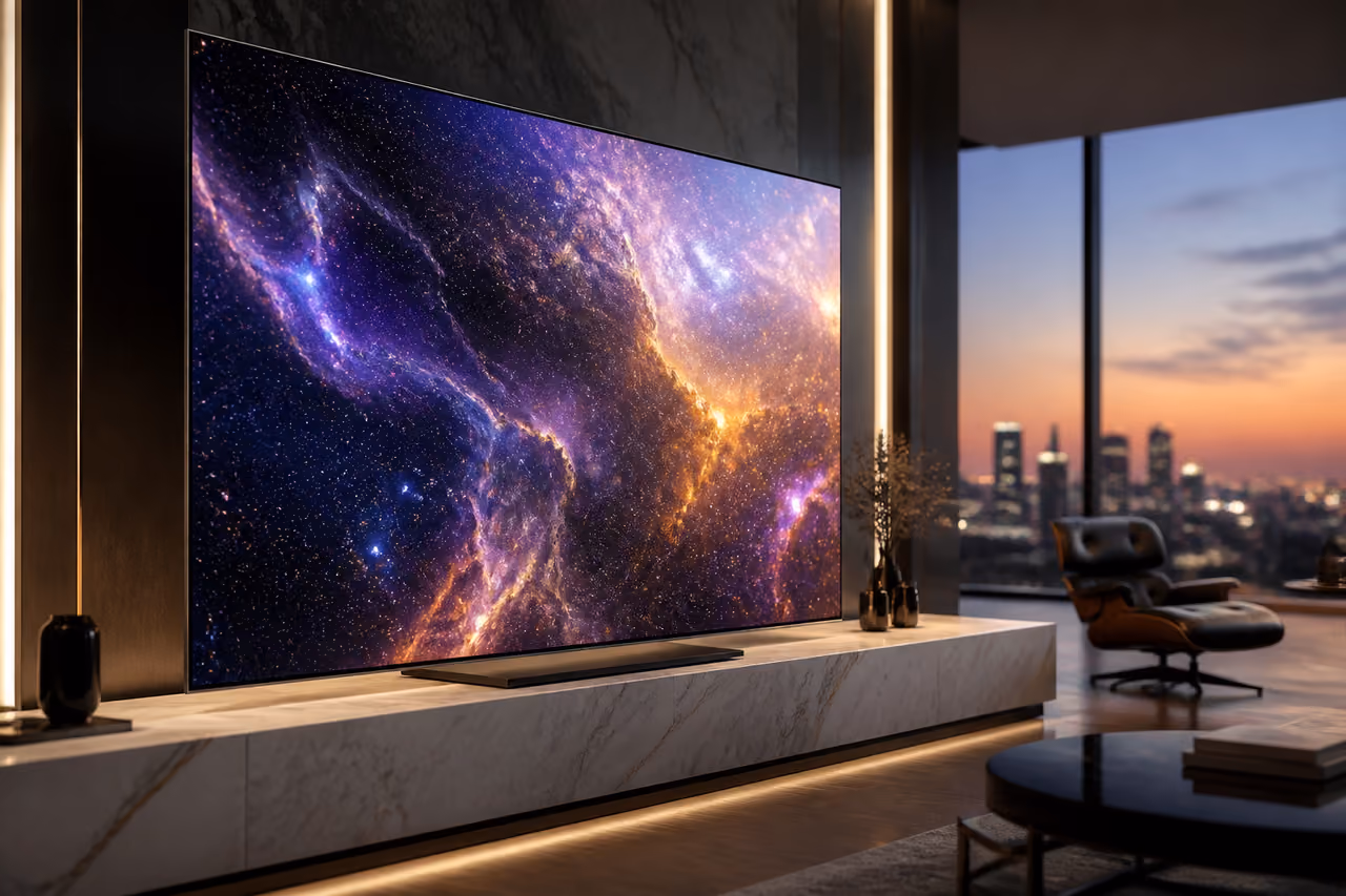 Futuristic Ultra D TV in a Modern Luxury Living Room