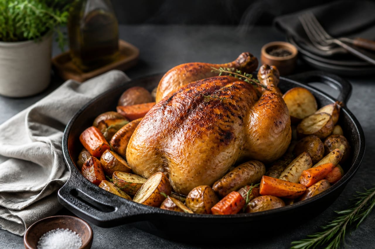 Roasted Whole Chicken with Vegetables in a Cast Iron Skillet