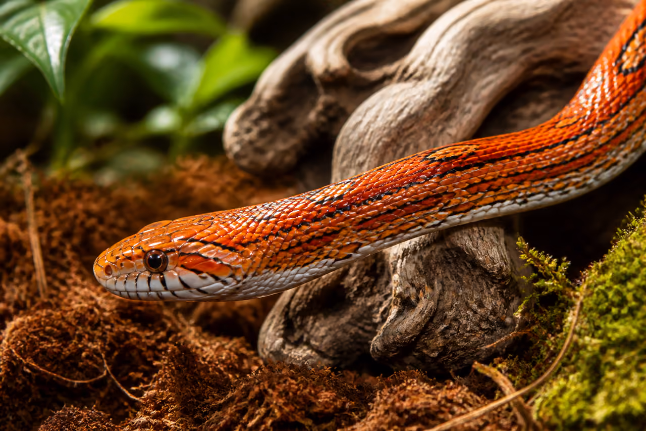 Orange Corn Snake Slithering Through Moss and Driftwood