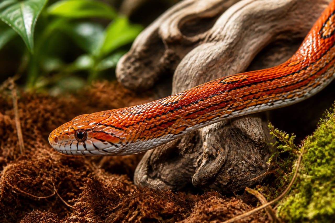 Orange Corn Snake Slithering Through Moss and Driftwood