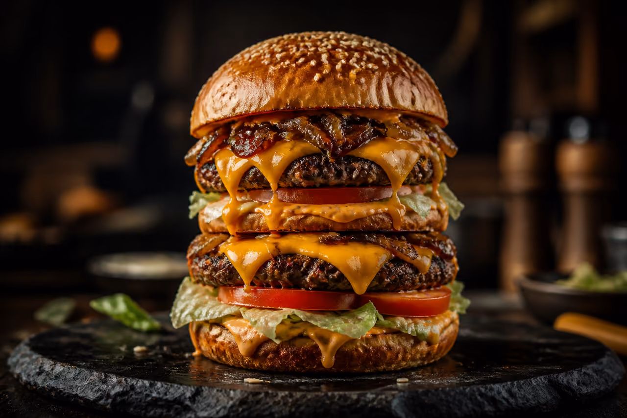 Towering Gourmet Burger Stack on a Slate Platter