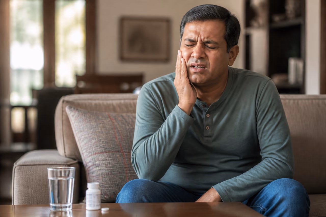 Indian Man Holding Cheek in Pain Due to Toothache