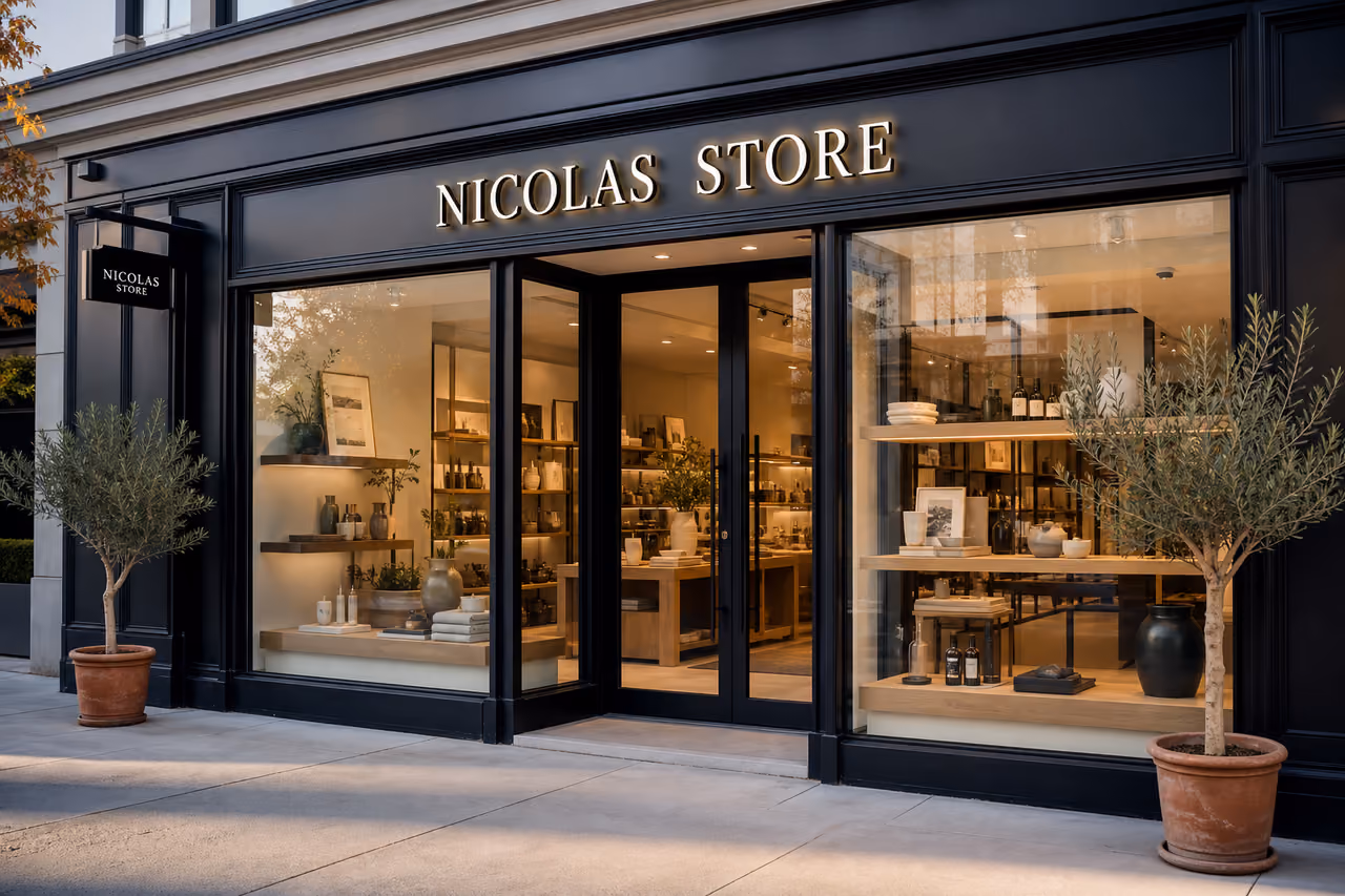 Modern Boutique Exterior of Nicolas Store in Urban Setting
