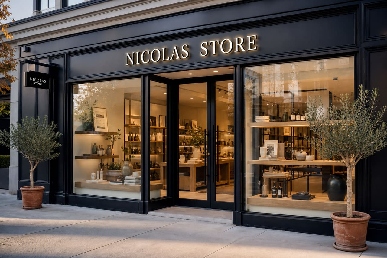 Modern Boutique Exterior of Nicolas Store in Urban Setting