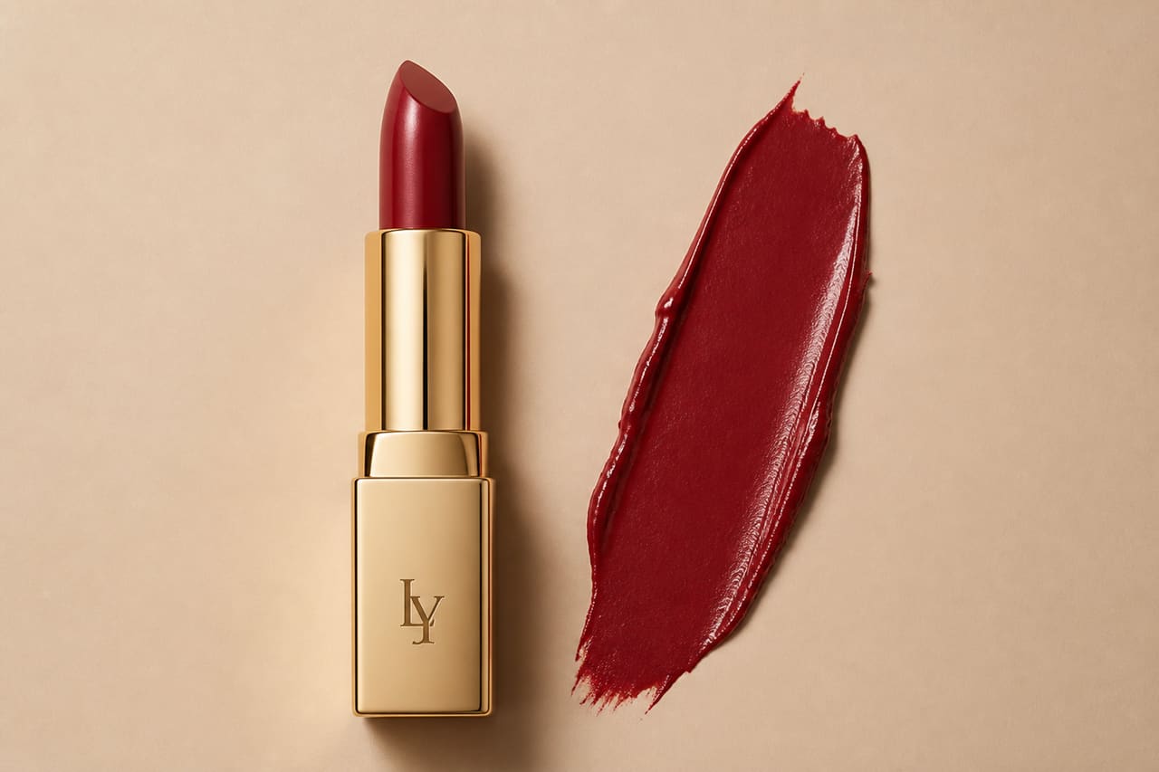 Luxury Berry Red Lipstick with Gold Packaging and Swatch