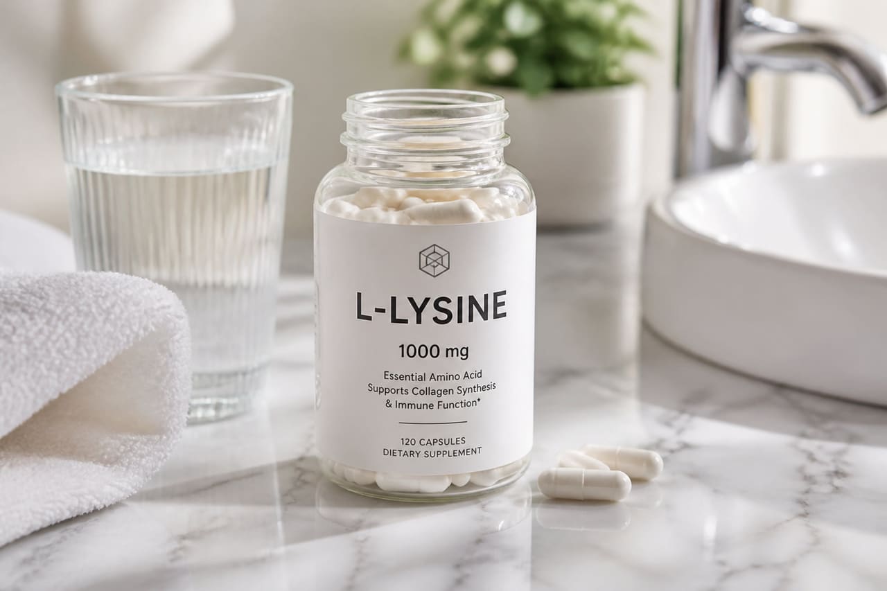 L-Lysine Supplement Capsules and Water on Bathroom Counter