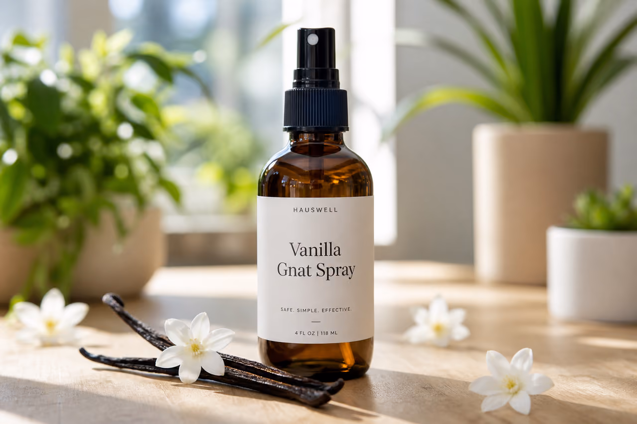 Vanilla Gnat Spray Bottle with Vanilla Beans on Wooden Table