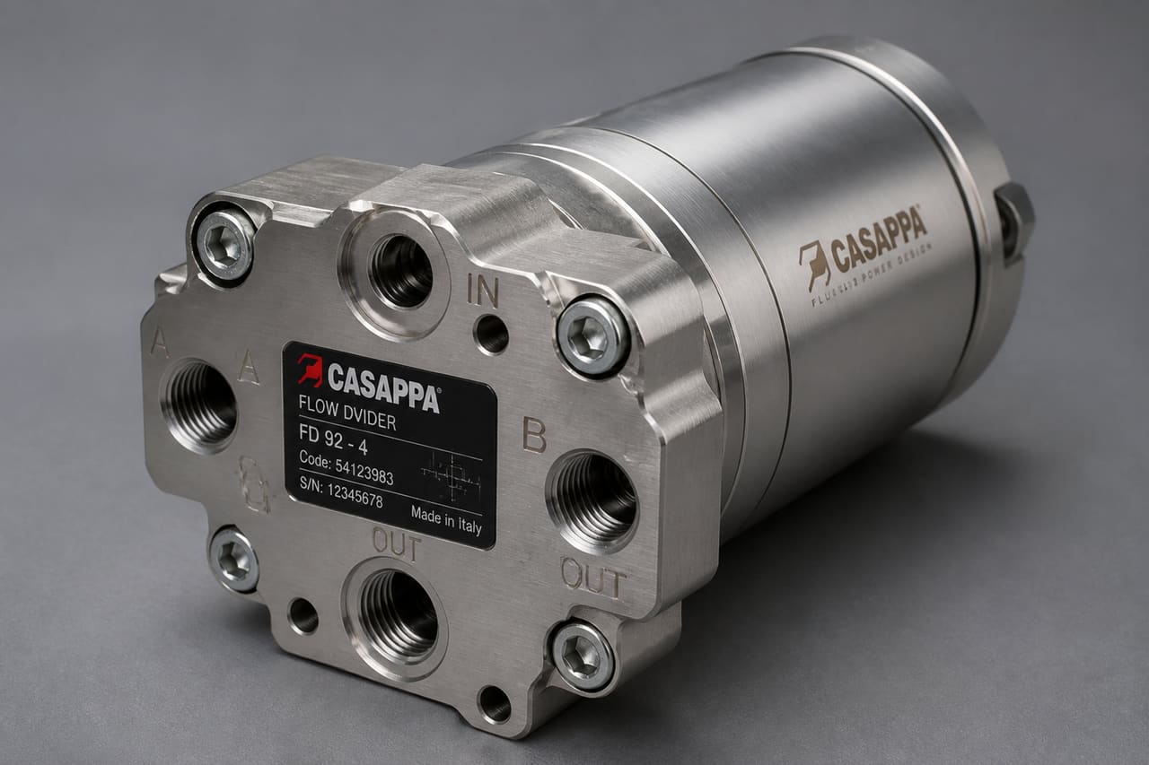 Casappa Flow Divider Hydraulic Component on Neutral Background