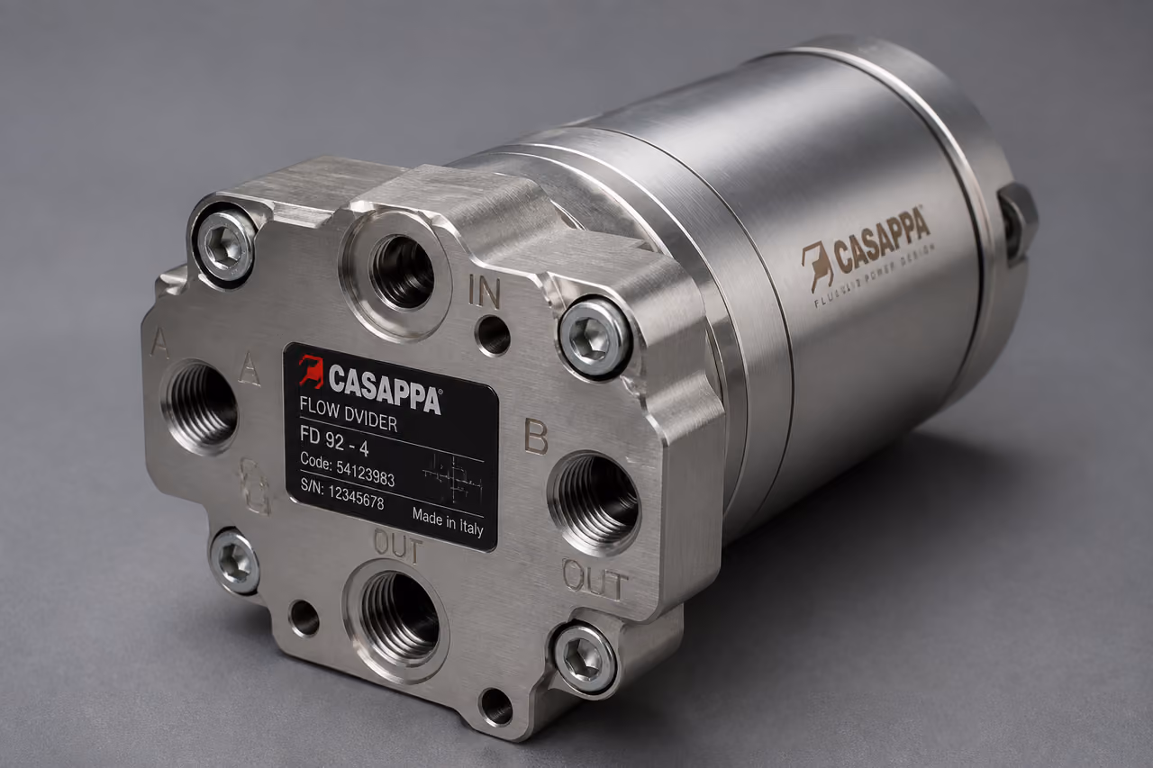 Casappa Flow Divider Hydraulic Component on Neutral Background
