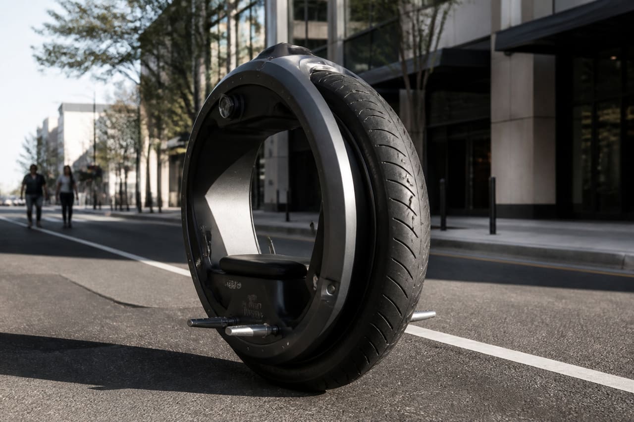 Street Legal Monowheel Parked on a Modern Urban Road