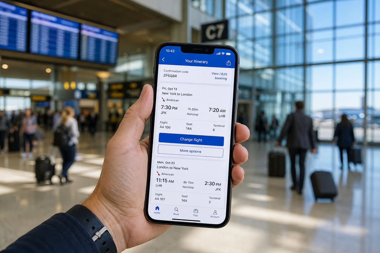 Traveler Using Smartphone to Change Flight in Airport Terminal