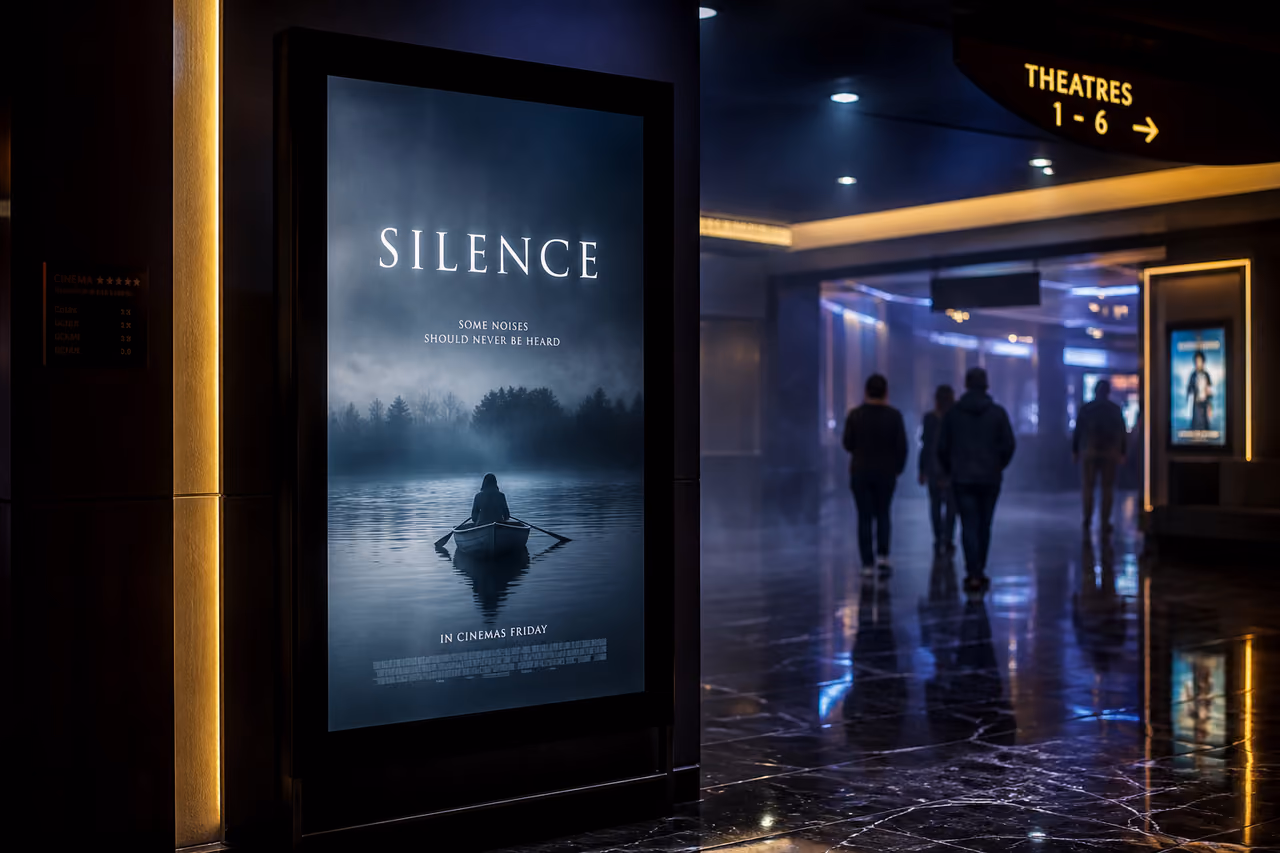 Digital Movie Poster for Silence in a Modern Cinema Lobby