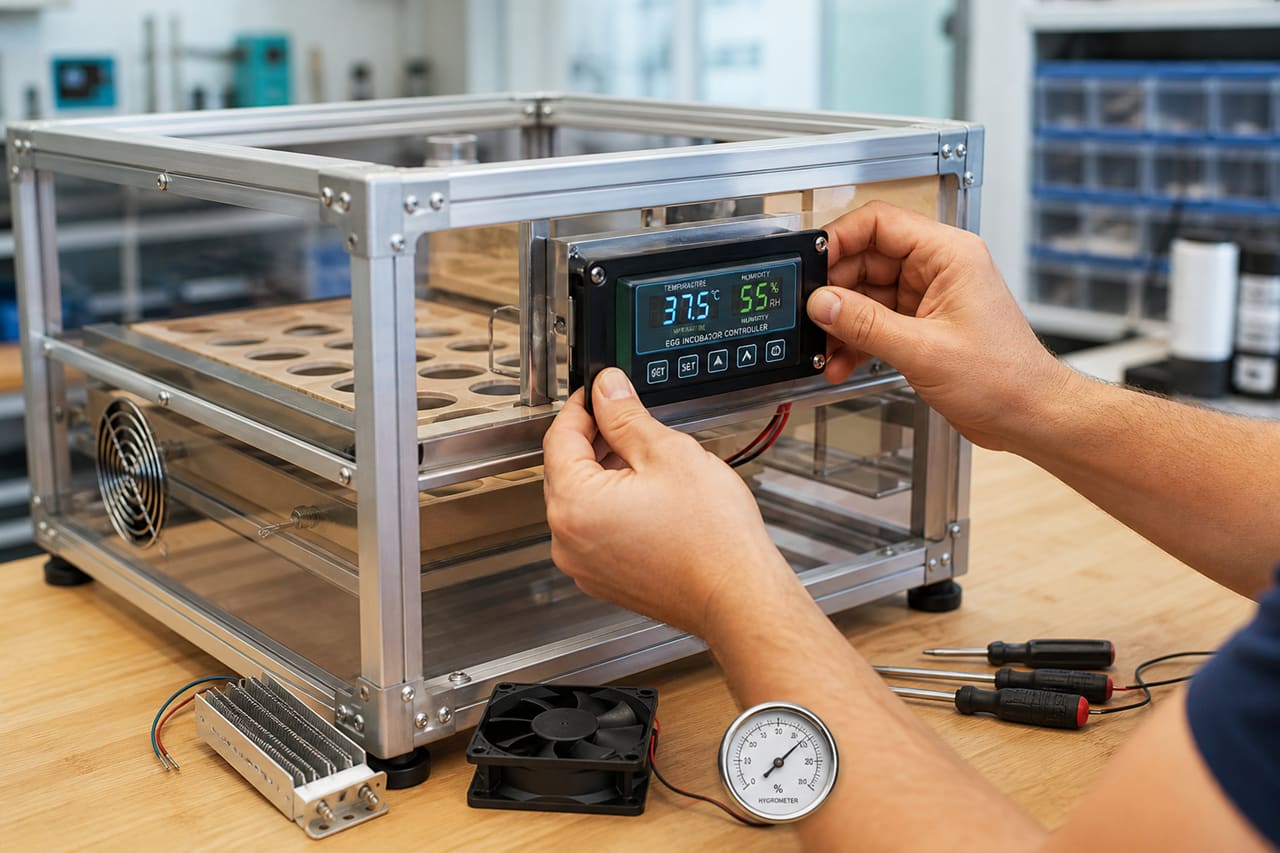 Technician Assembling a Professional Egg Incubator on a Workbench