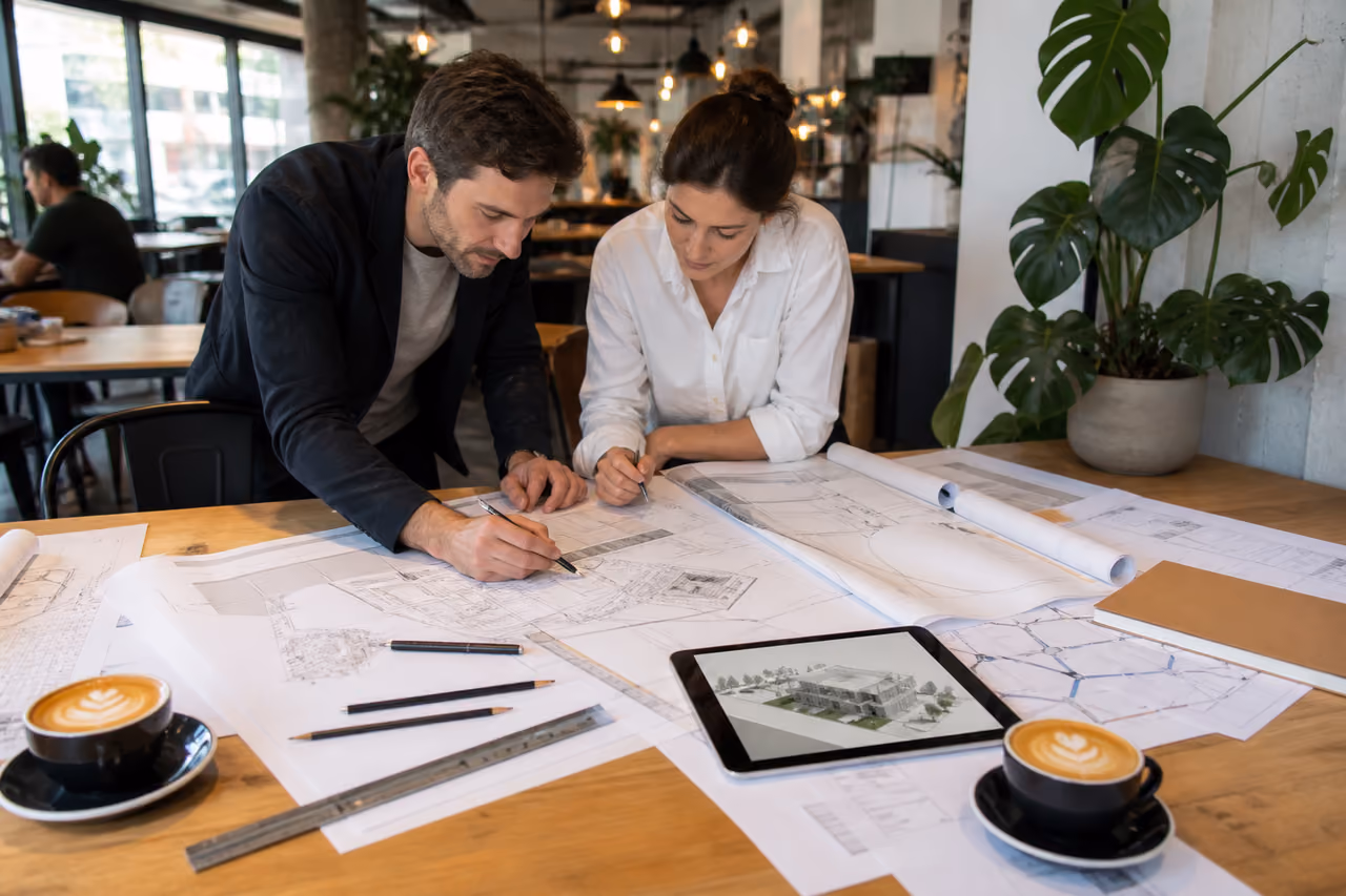 Architects Reviewing Blueprints at a Communal Cafe Table