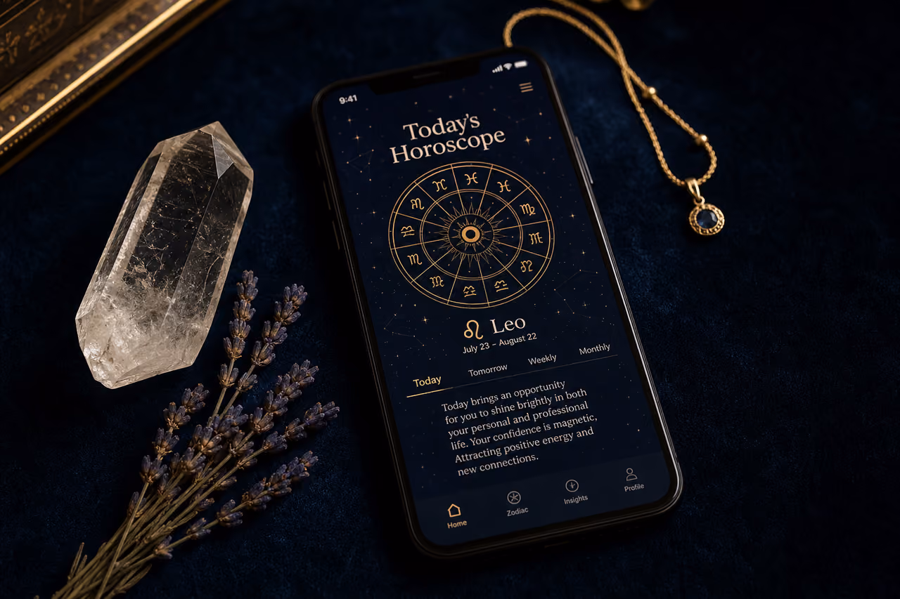 Smartphone Displaying Daily Horoscope App with Crystals and Lavender