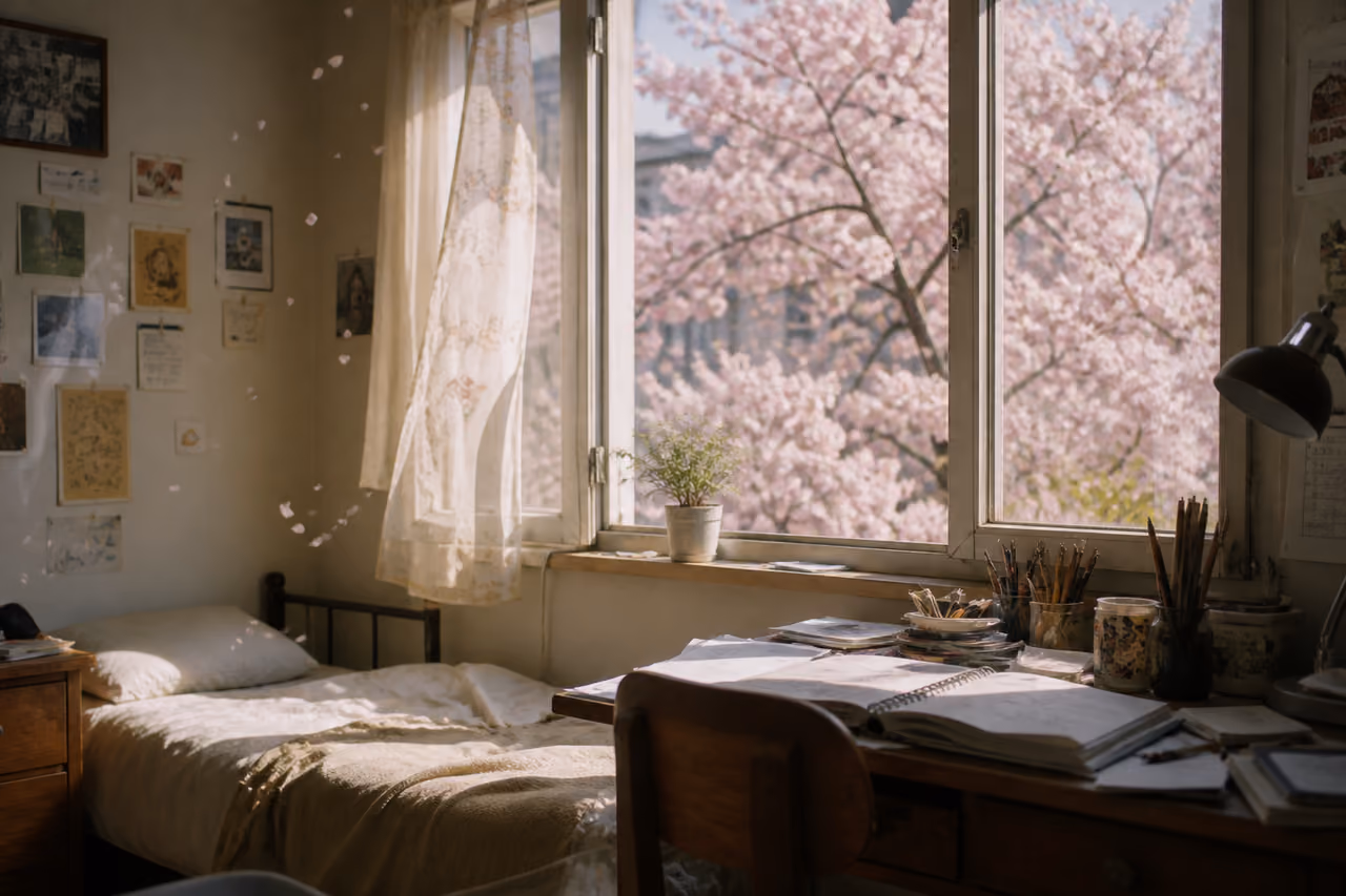 Sunlit Student Dormitory Room with Cherry Blossom Petals
