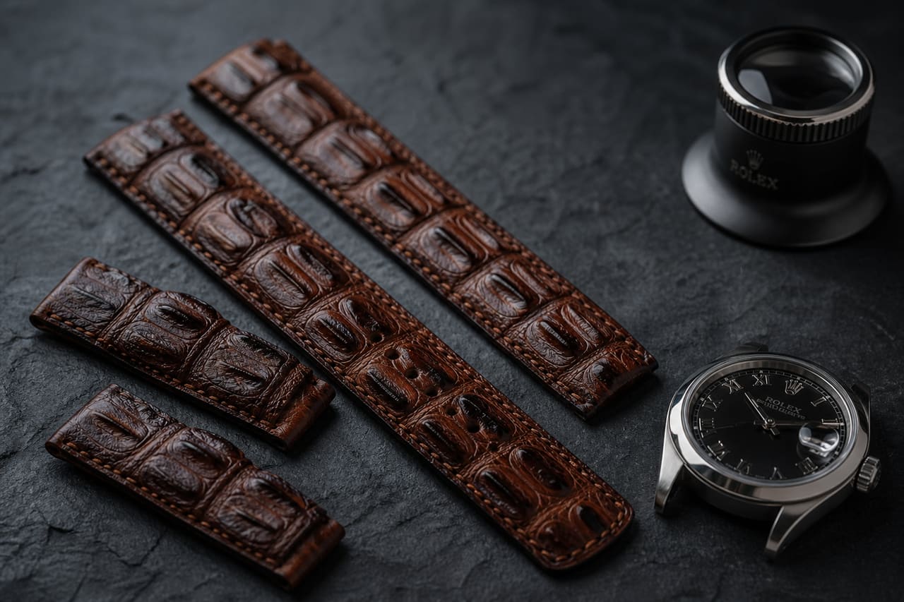 Hornback Crocodile Watch Straps on Dark Slate Surface
