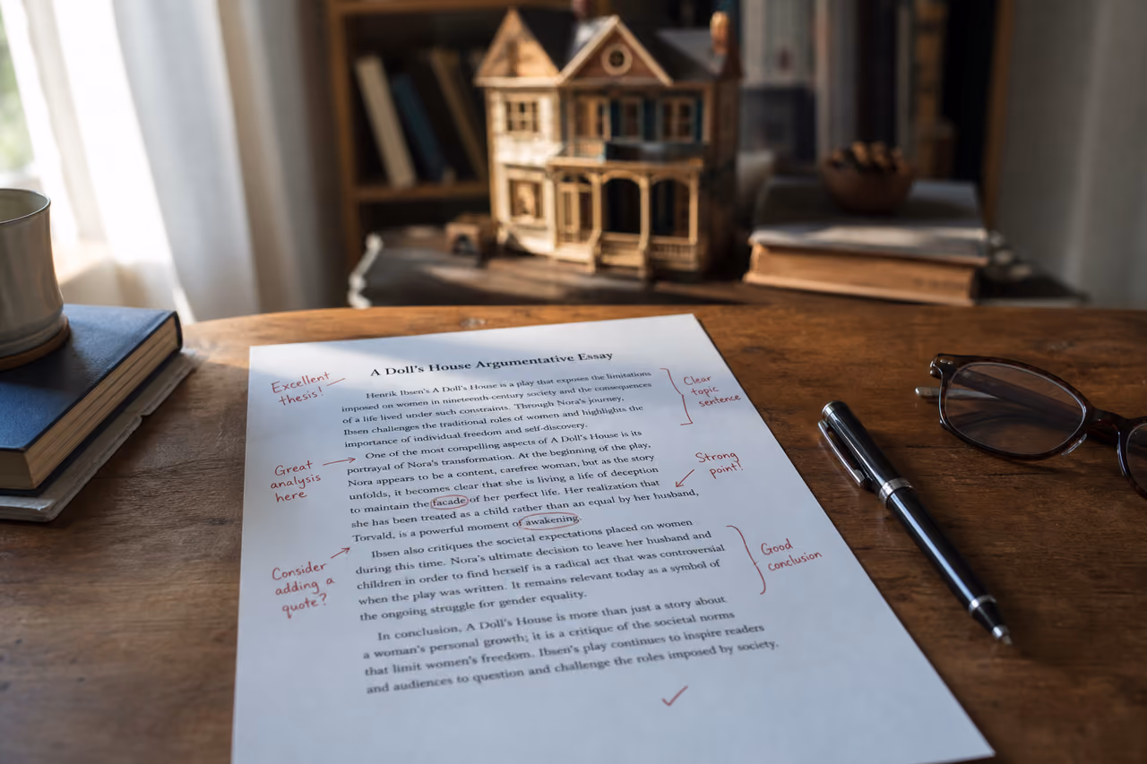 Student Reviewing a Doll's House Argumentative Essay on a Desk