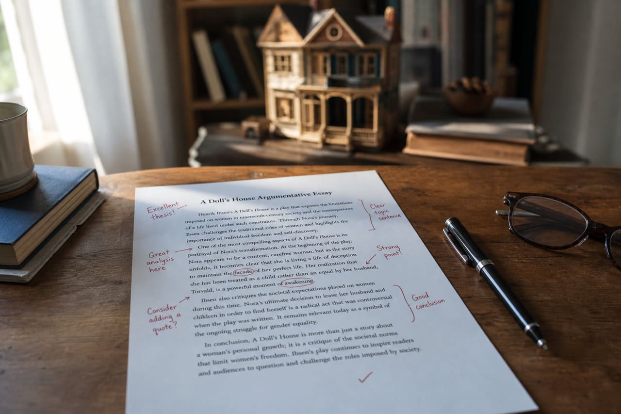 Student Reviewing a Doll's House Argumentative Essay on a Desk