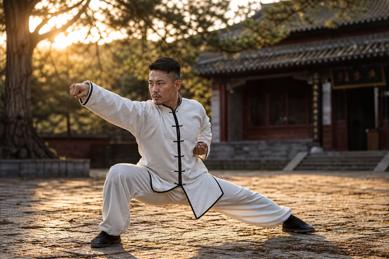 Martial Artist Performing a Kung Fu Kat in Temple Courtyard