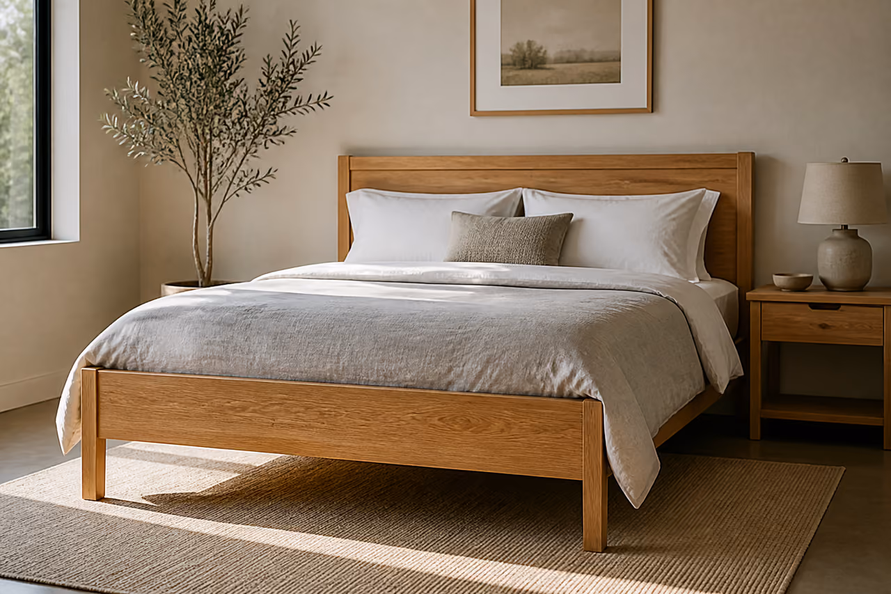 Solid Oak Wooden Bed in a Minimalist Bedroom