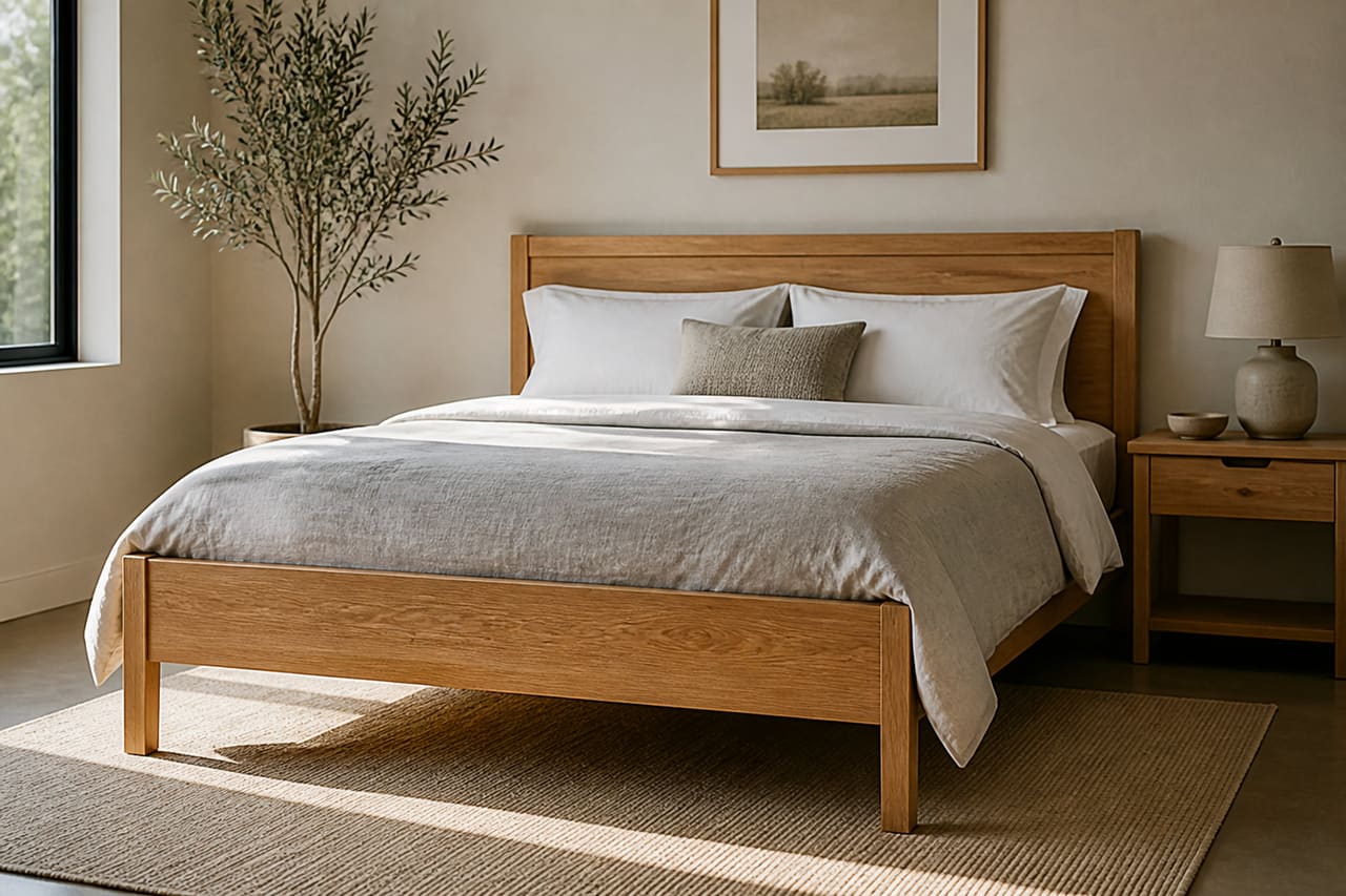 Solid Oak Wooden Bed in a Minimalist Bedroom