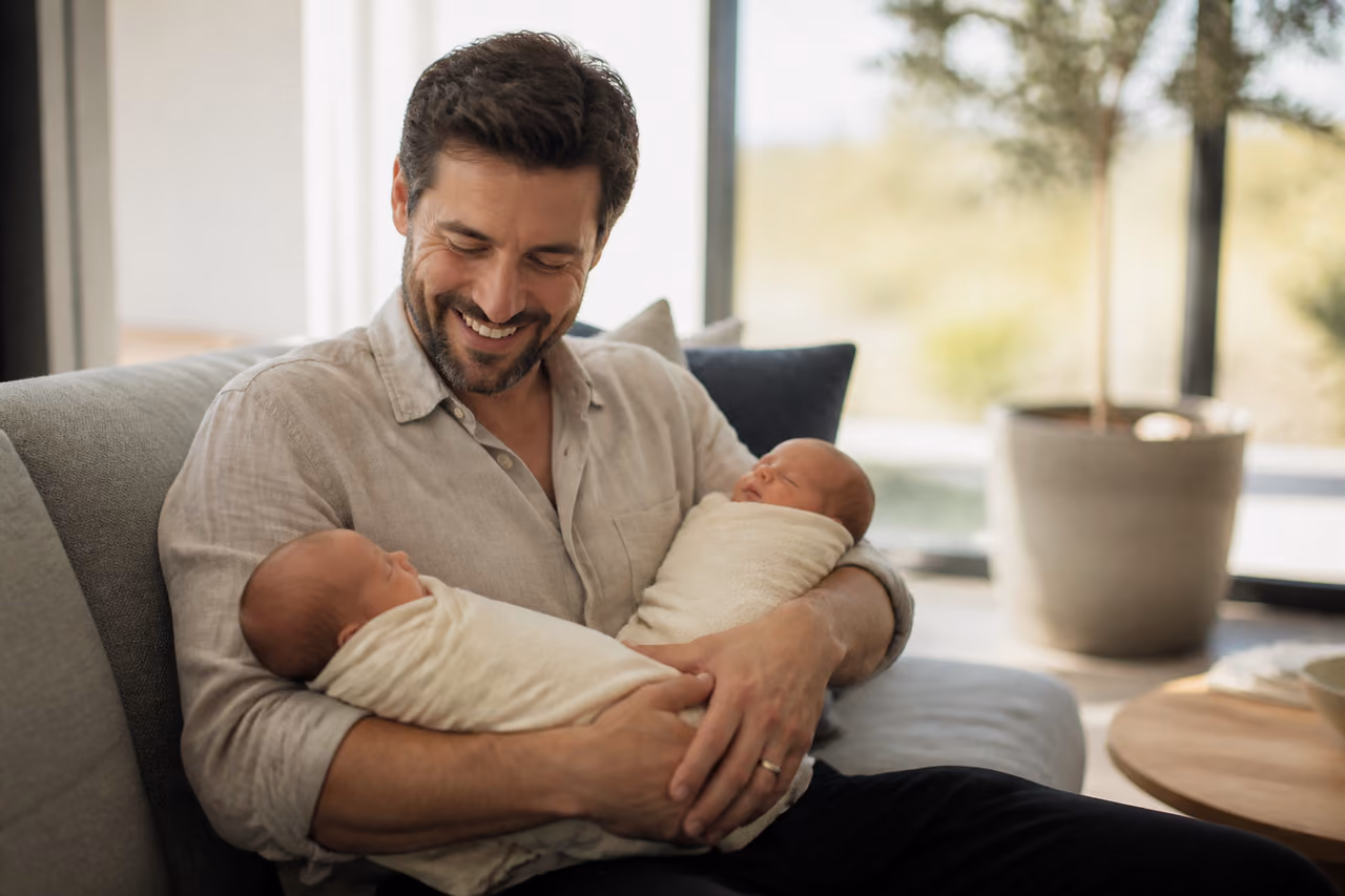Father Holding Newborn Twins in a Bright Living Room