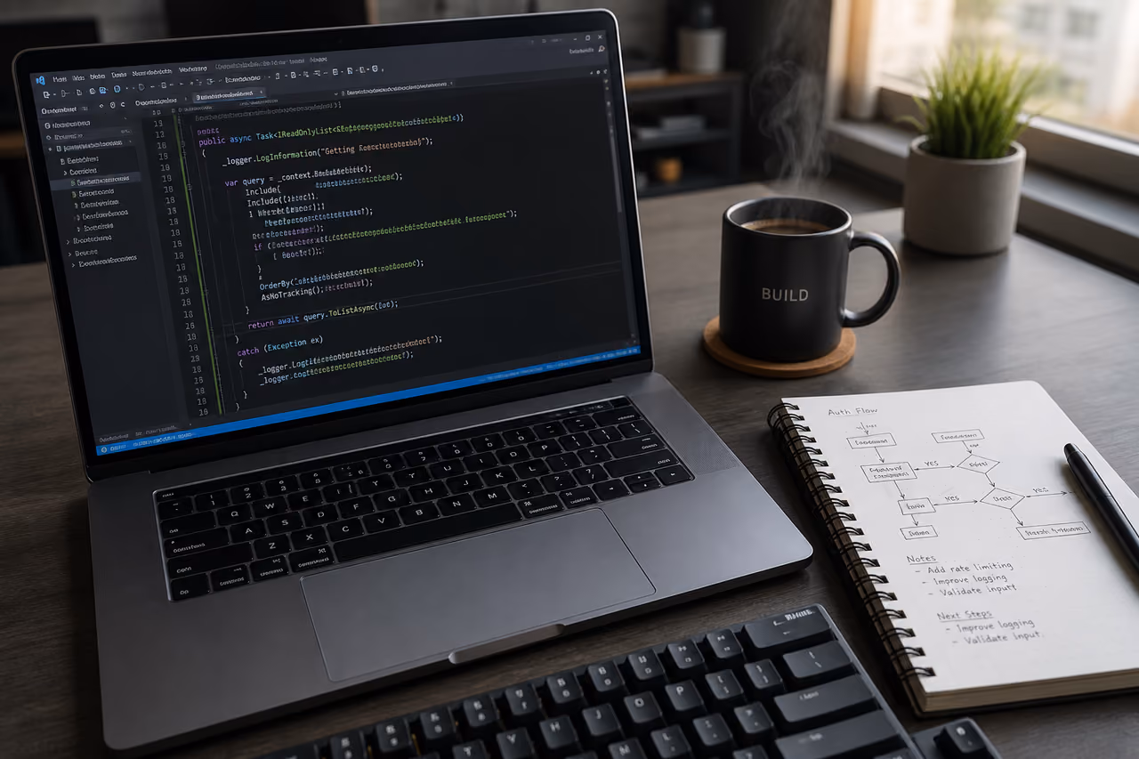 Developer Following a C# Programming Tutorial on a Laptop