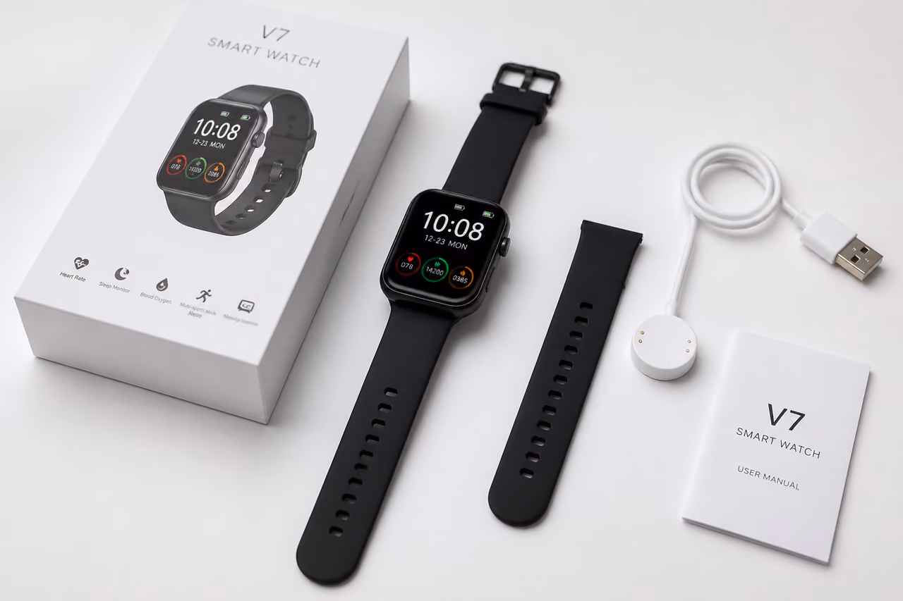 Smartwatch and Accessories Arranged from Retail Packaging
