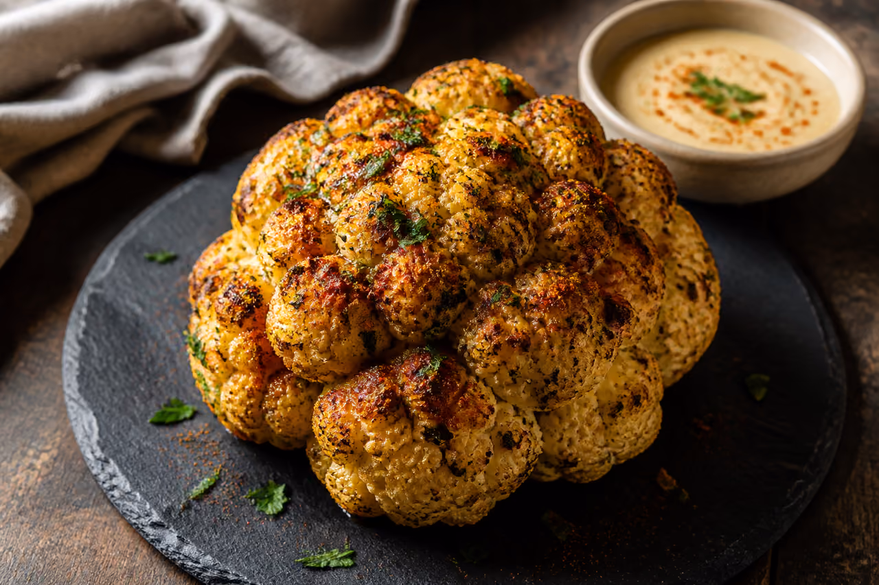 Roasted Whole Cauliflower with Garlic Herbs on Slate Platter