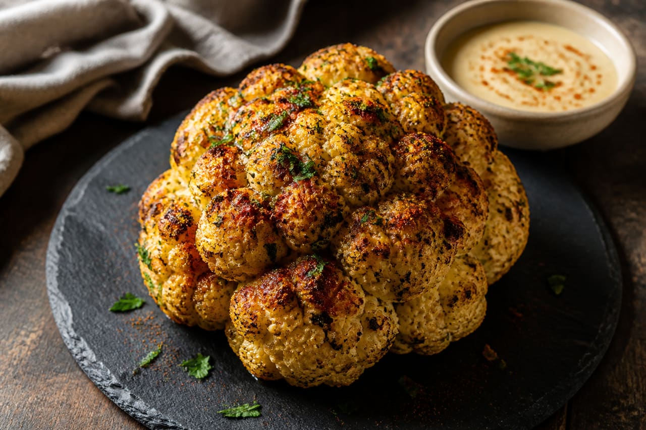 Roasted Whole Cauliflower with Garlic Herbs on Slate Platter