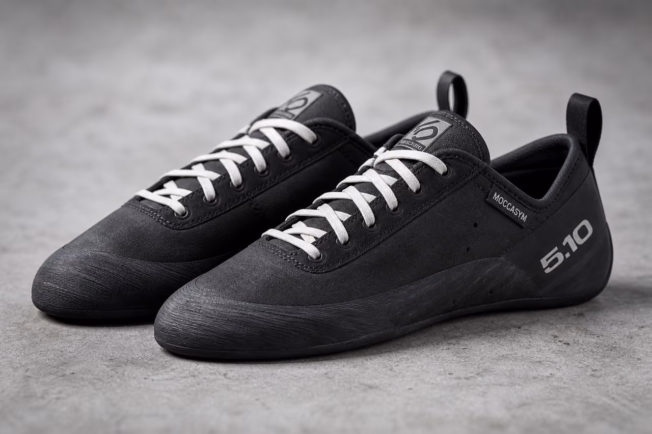 Five Ten Moccasym Climbing Shoes on Concrete Surface